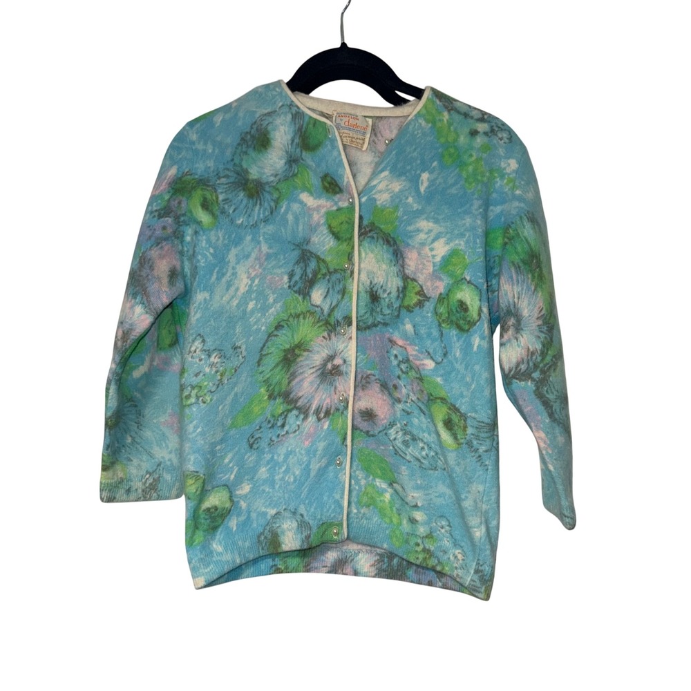 Exquisete Darlene Vintage 60s Floral Cardigan Womens M Blue Angora Lambswool